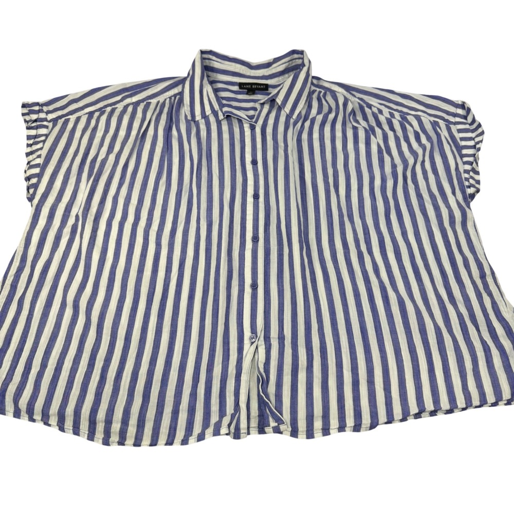 Lane Bryant Women 24 Blue White Striped Short Sleeve Button Down Blouse Oversize
